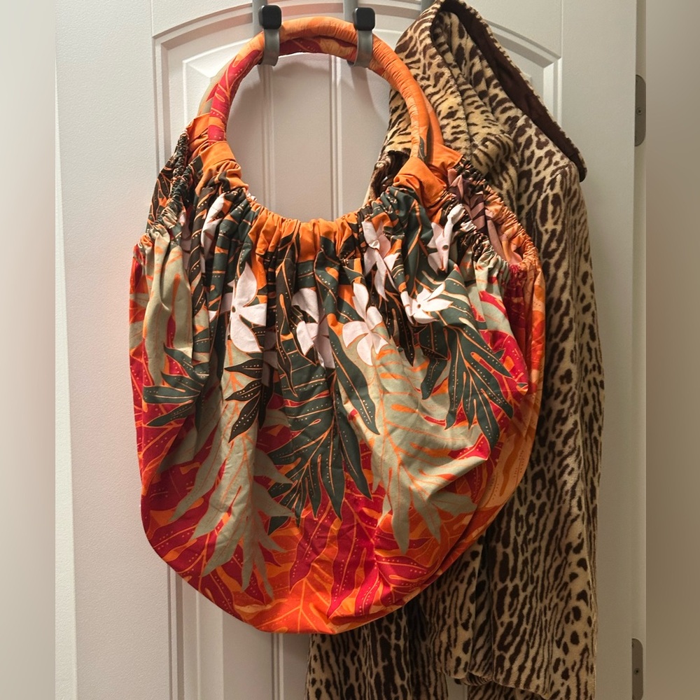 Tropical Print Orange Gathered Handle Large Shoulder Bag